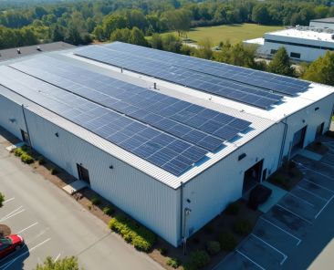Vista aérea de la instalación de paneles solares en el tejado de un edificio comercial. Concepto de energía renovable, tecnología ecológica. Paneles solares para la generación de electricidad energía sostenible.