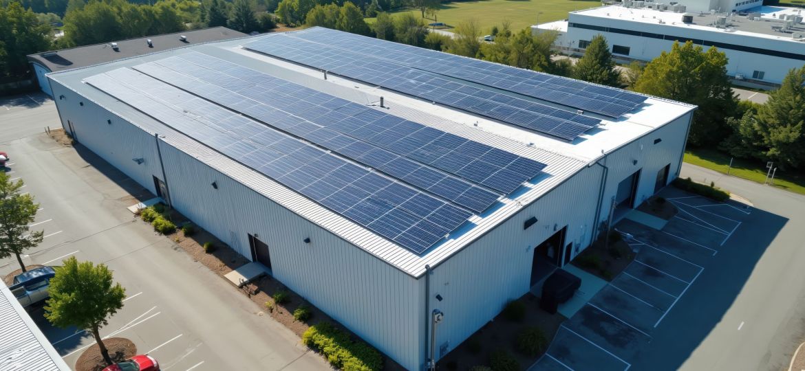 Aerial view of solar panel installation on commercial building roof. Renewable energy concept, eco-friendly technology. Solar panels for electricity generation, sustainable power.