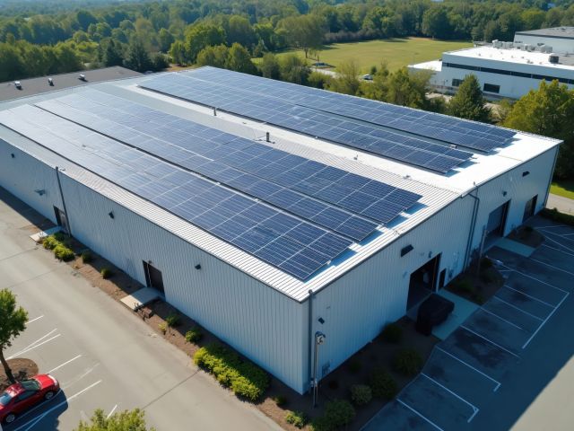Vista aérea de instalación de paneles solares en el techo de un edificio comercial. Concepto de energía renovable, tecnología ecológica. Paneles solares para generación de electricidad, energía sostenible.