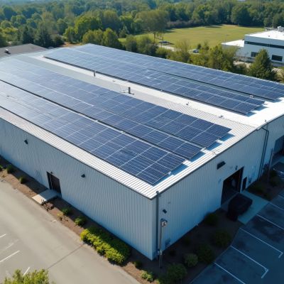 Vista aérea de instalación de paneles solares en el techo de un edificio comercial. Concepto de energía renovable, tecnología ecológica. Paneles solares para generación de electricidad, energía sostenible.