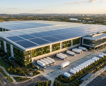 Vista aérea de un moderno almacén logístico con paneles solares en el tejado, cadena de suministro sostenible.