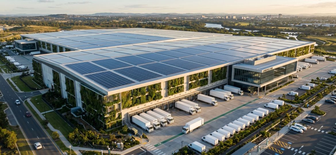 Aerial view of modern logistics warehouse with rooftop solar panels sustainable supply chain.