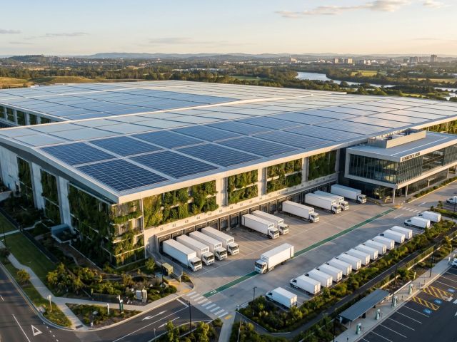 Vista aérea de un moderno almacén logístico con paneles solares en el tejado, cadena de suministro sostenible.