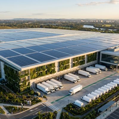 Vista aérea de un moderno almacén logístico con paneles solares en el tejado, cadena de suministro sostenible.