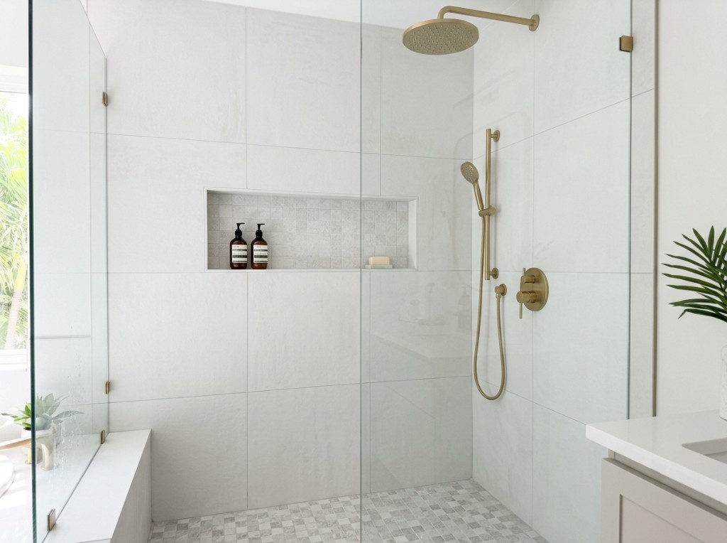 Florida bathroom remodel walk-in shower with tiled niche and brushed gold fixtures