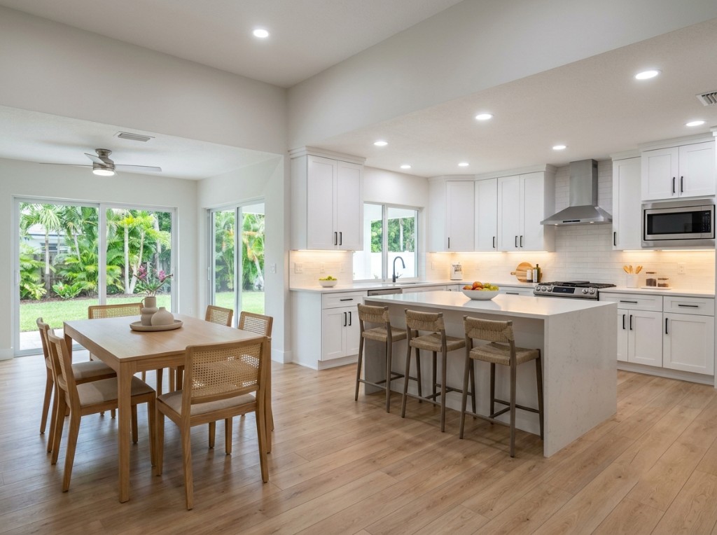 Florida kitchen remodel open layout with breakfast bar and LED under-cabinet lighting