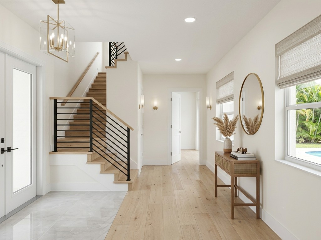 Florida whole home remodel updated entryway and staircase finishes