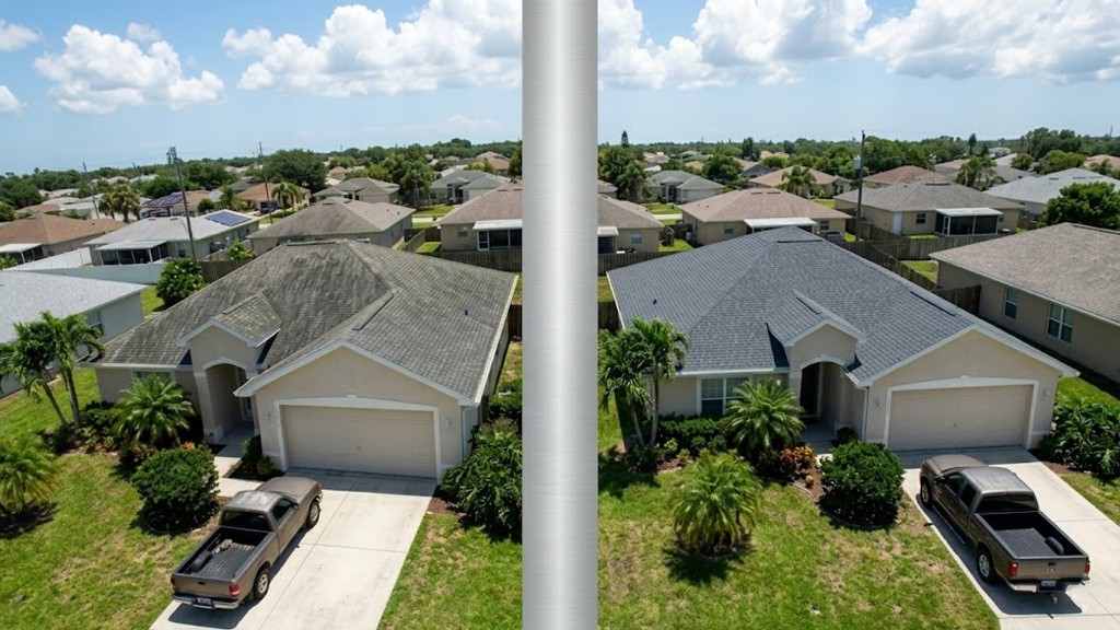 Before and after aerial view of architectural shingle roof replacement on a Tampa Florida home in Hillsborough County by Sunprise