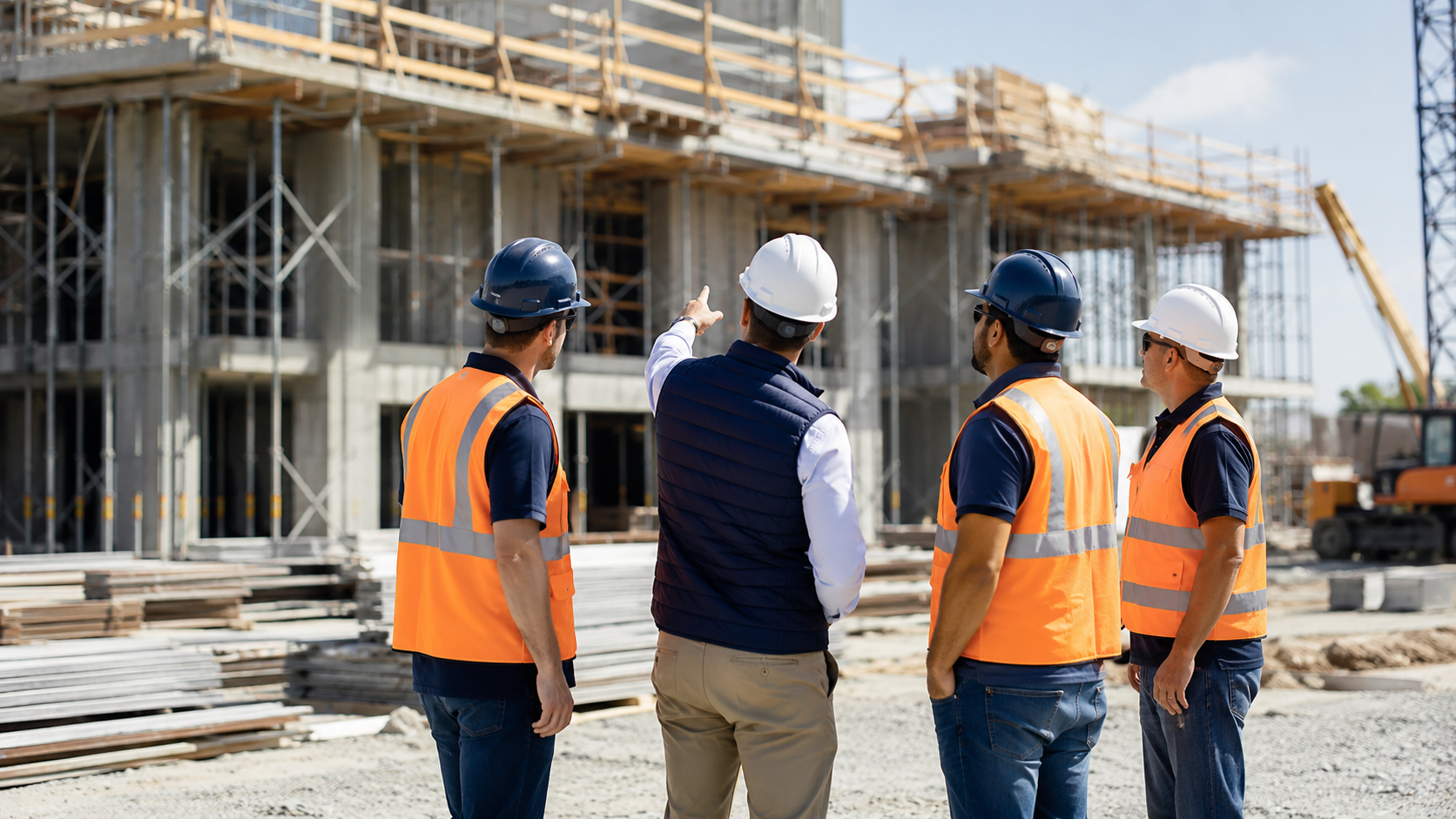 Construction professionals reviewing progress at an active commercial building site