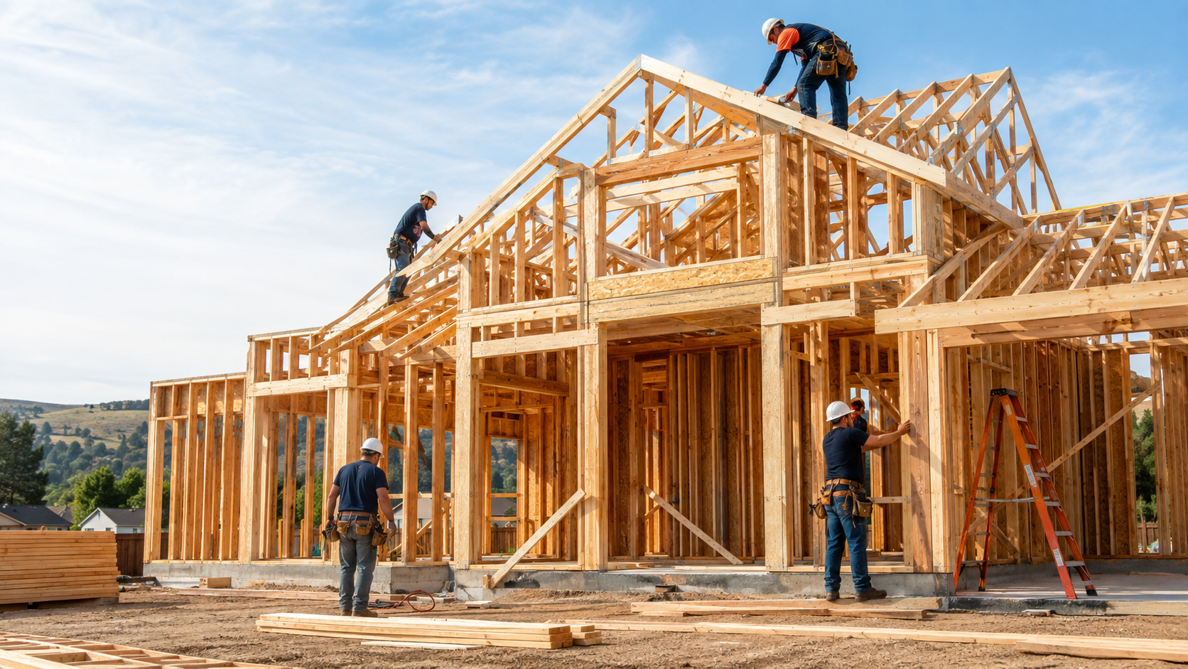 Construction crew framing a large residential building under a clear sky