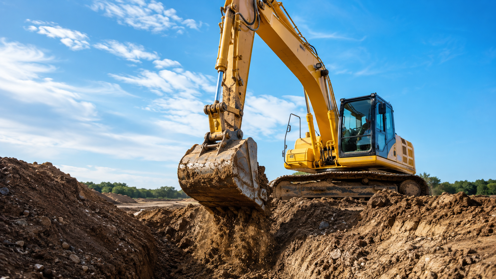 Tracked excavator digging a deep earth trench at a construction site