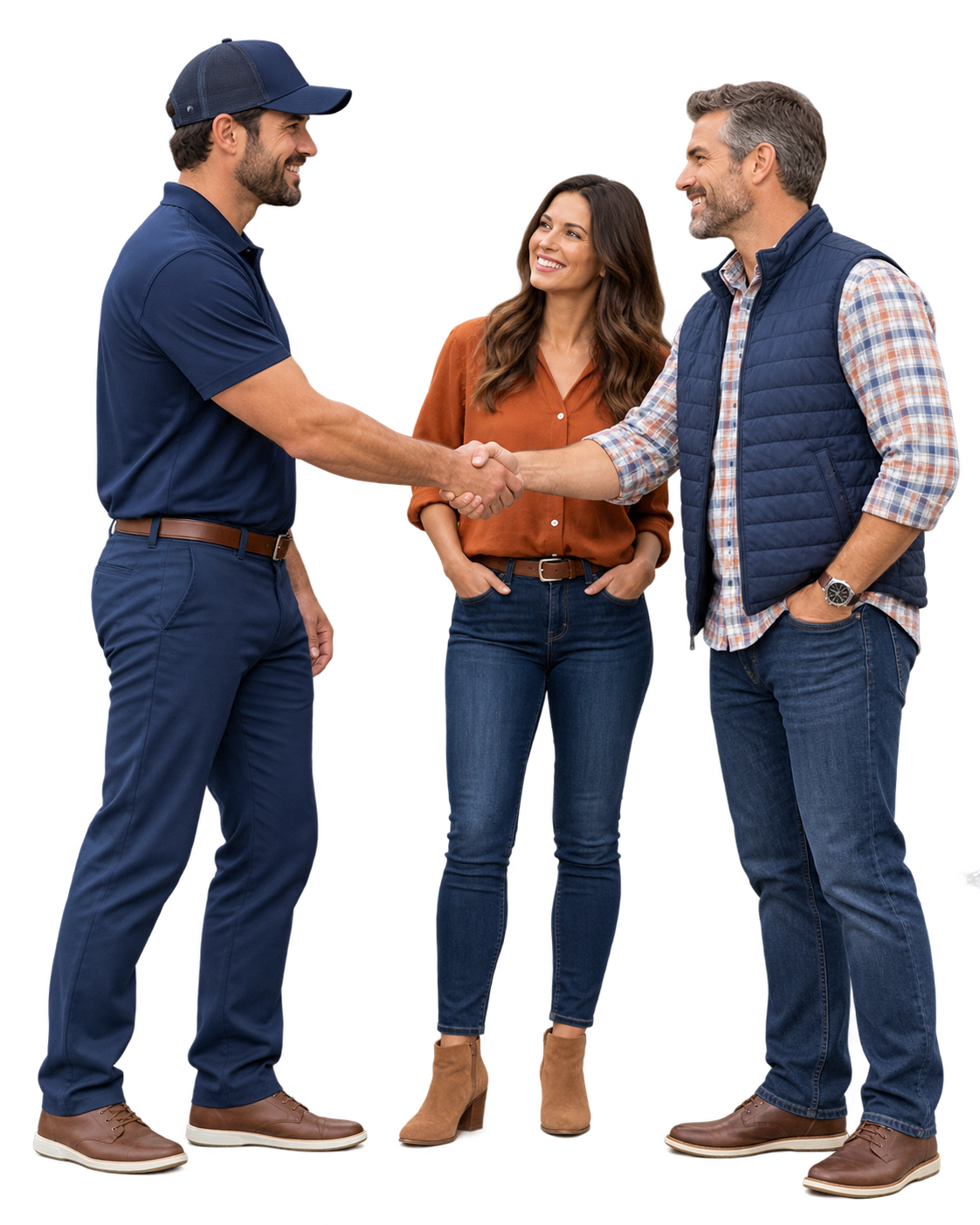 Sales professional shaking hands with a homeowner while another homeowner looks on