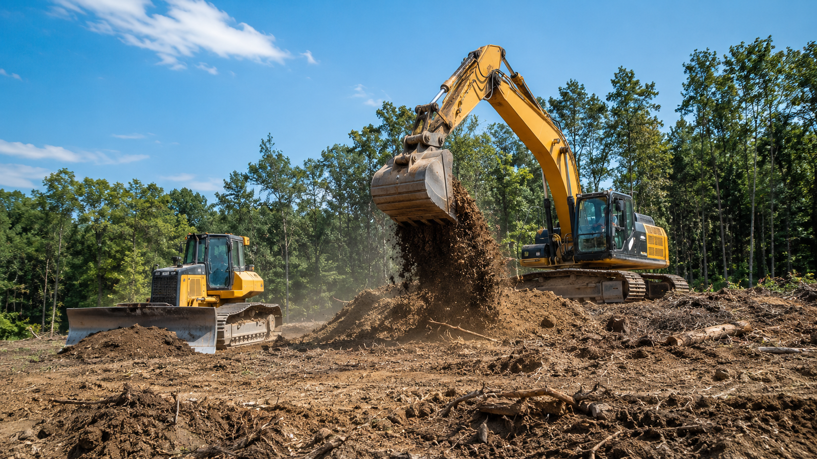 Excavator and bulldozer clearing and moving soil at a wooded construction site