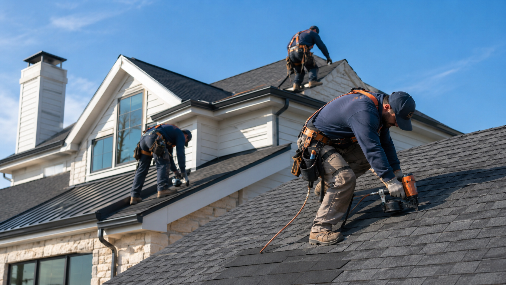 Roofing crew installing asphalt shingles on a residential home