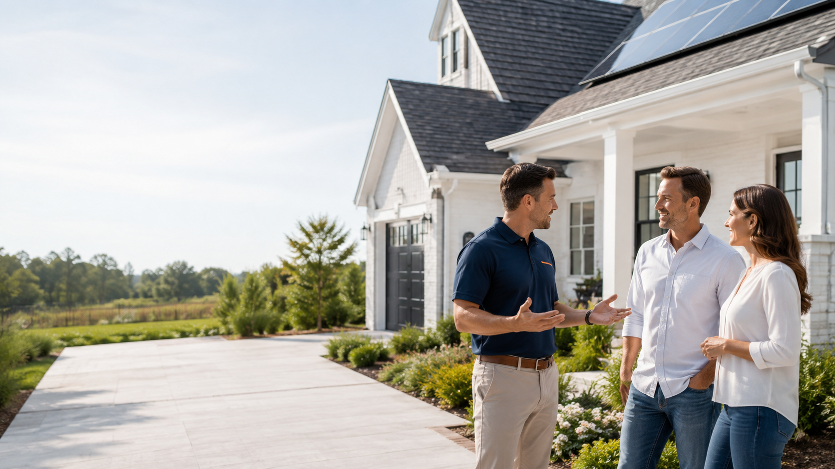 Sales professional speaking with homeowners outside a bright home with rooftop solar panels